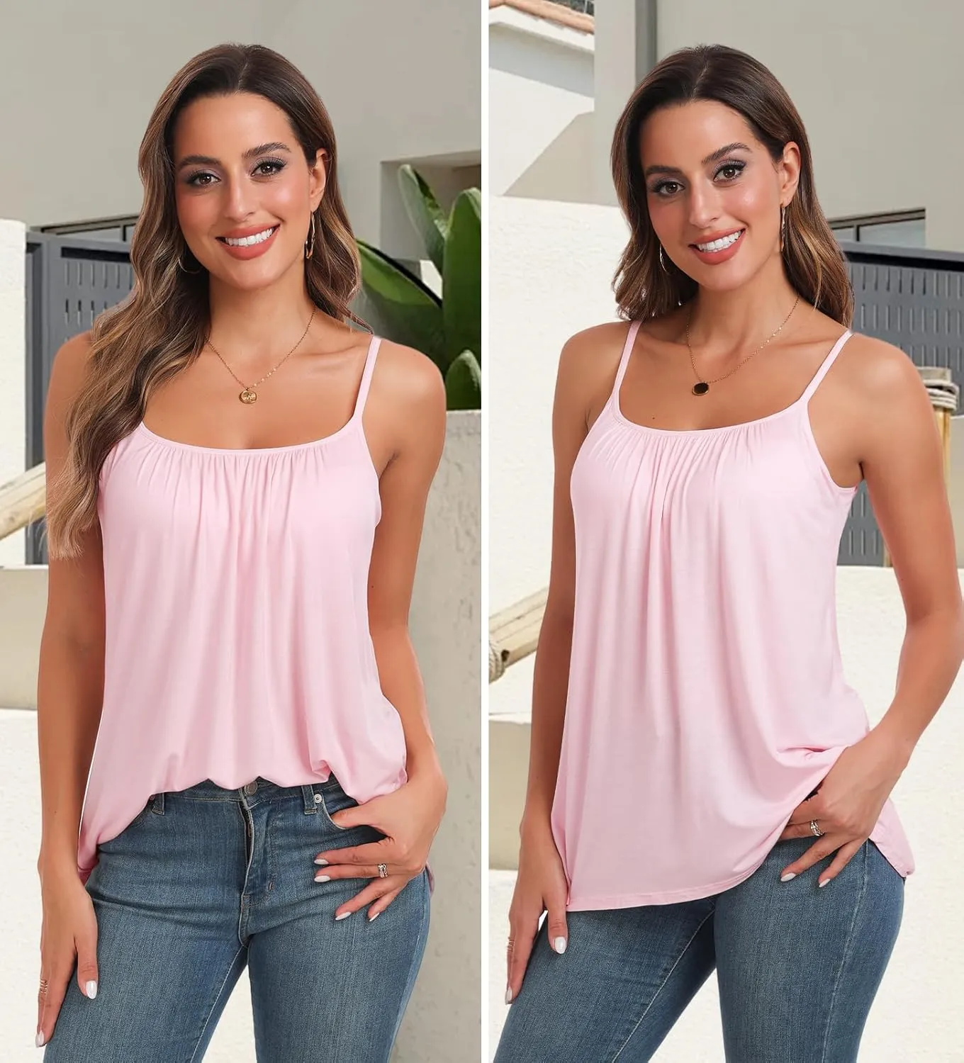 AMVELOP Camisole for Women Built in Bra Casual Pleated Cami Adjustable Spaghetti Strap Tank Top Loose Fit S-XXXXL