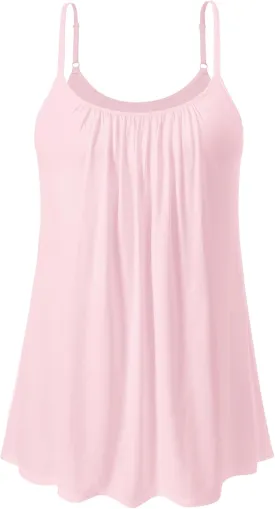AMVELOP Camisole for Women Built in Bra Casual Pleated Cami Adjustable Spaghetti Strap Tank Top Loose Fit S-XXXXL