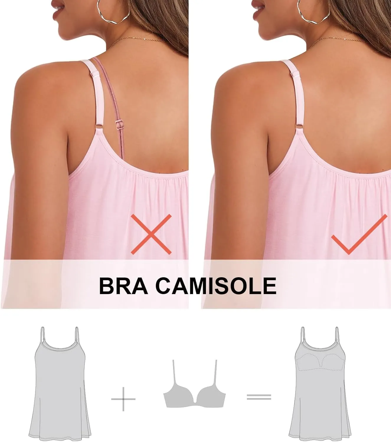 AMVELOP Camisole for Women Built in Bra Casual Pleated Cami Adjustable Spaghetti Strap Tank Top Loose Fit S-XXXXL