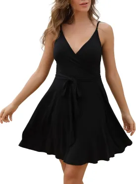 Aphratti Women's Summer Dress Casual Mini Sexy V-Neck Spaghetti Strap Faux Wrap Fit and Flare Short Sundress