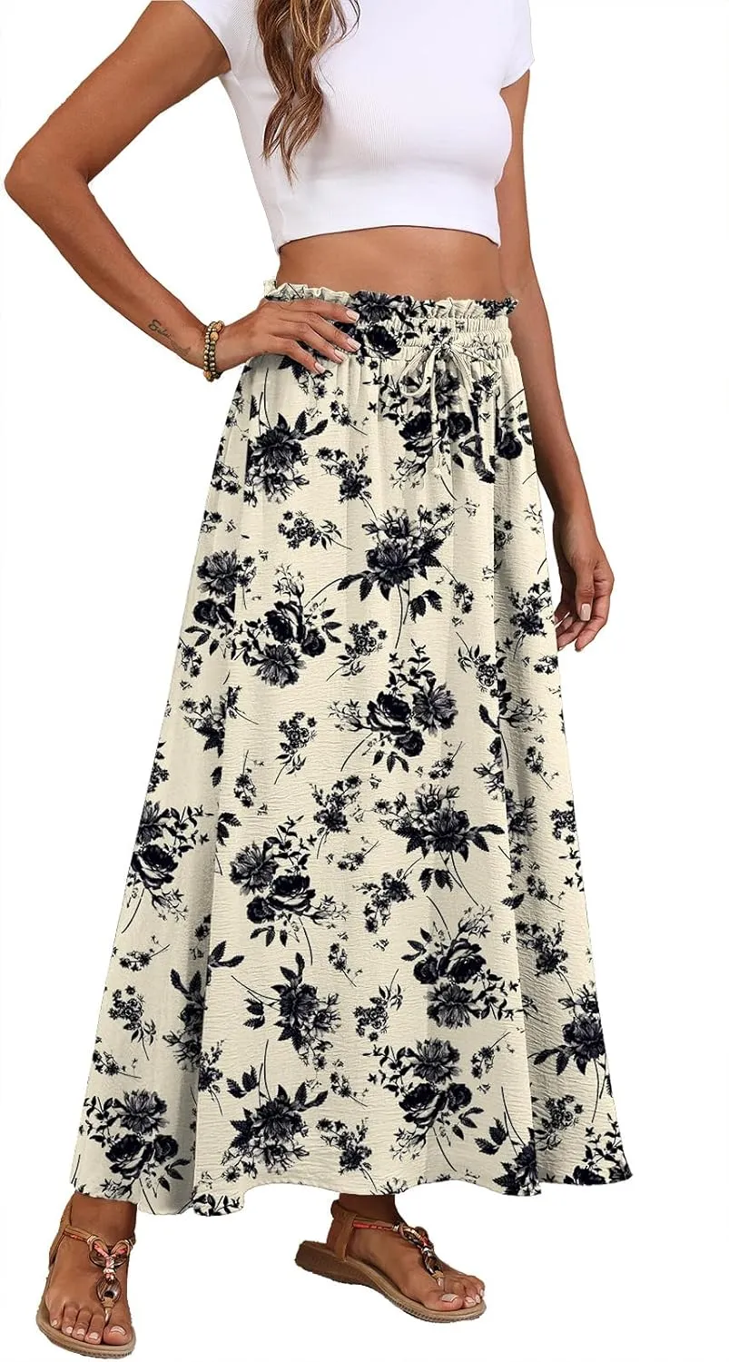 Askyes Womens Maxi Skirt Summer Tie Knot Elastic High Waisted Boho Casual Beach Flowy Swing Long Skirts with Pockets