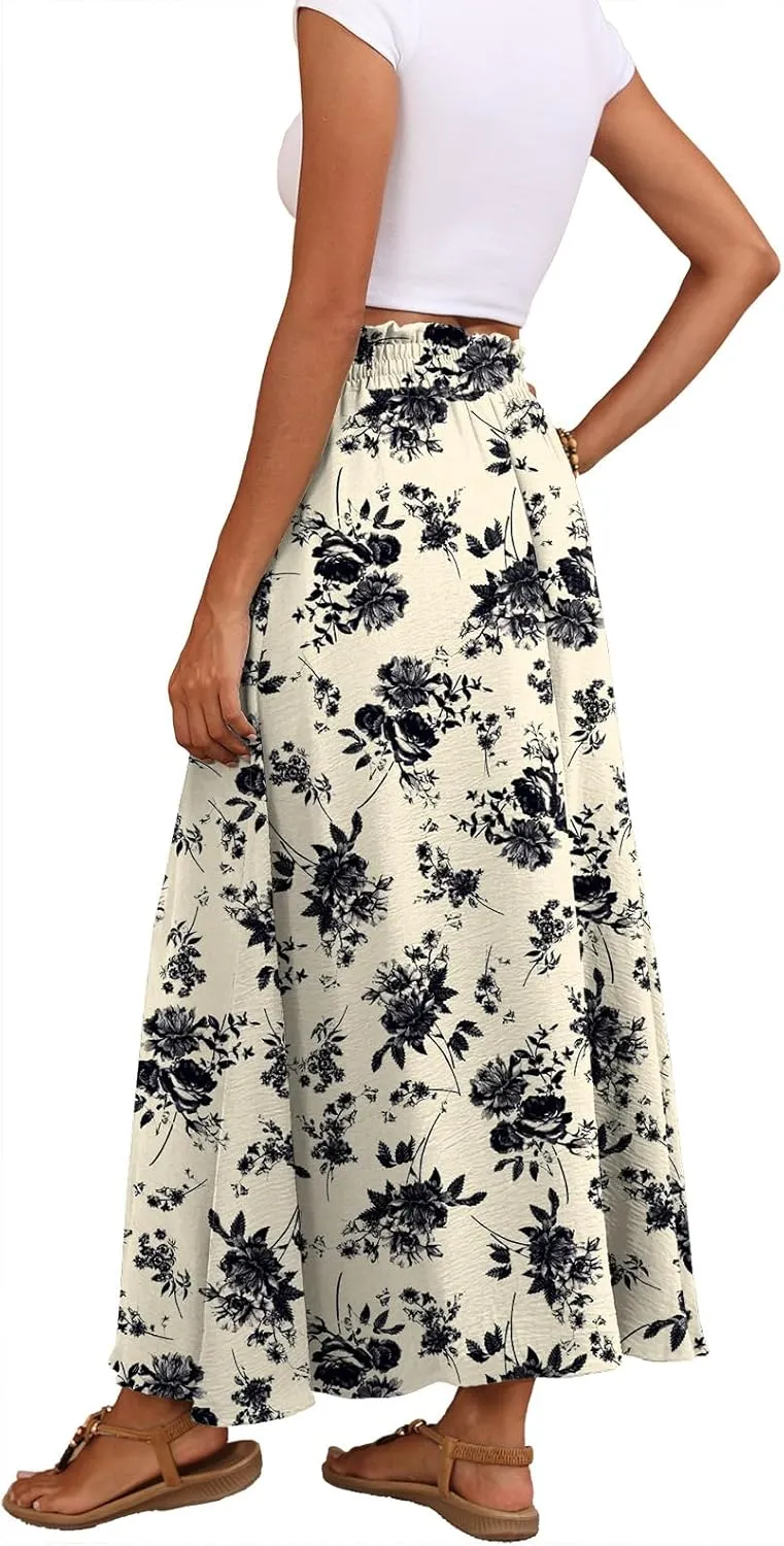Askyes Womens Maxi Skirt Summer Tie Knot Elastic High Waisted Boho Casual Beach Flowy Swing Long Skirts with Pockets