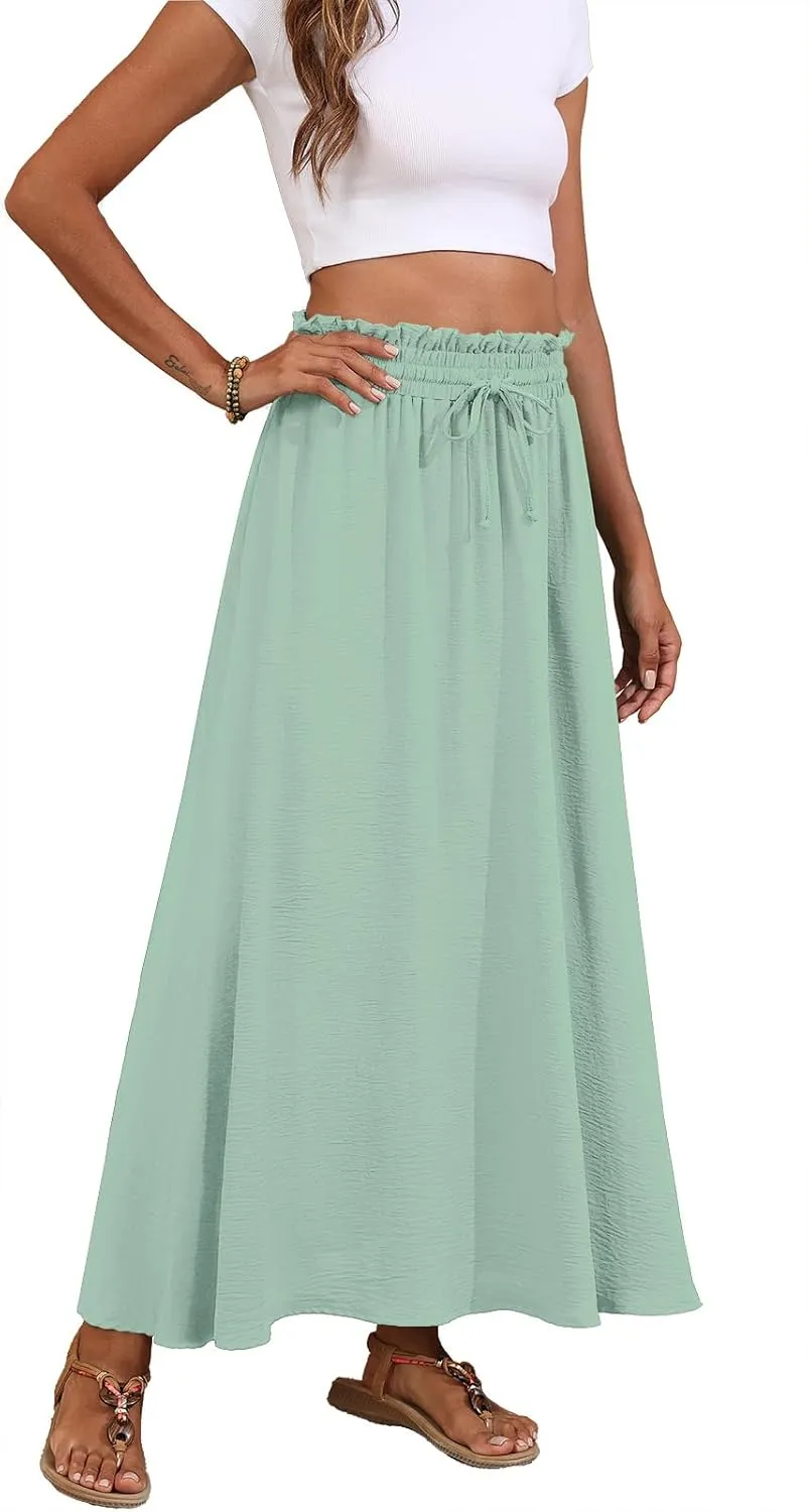 Askyes Womens Maxi Skirt Summer Tie Knot Elastic High Waisted Boho Casual Beach Flowy Swing Long Skirts with Pockets