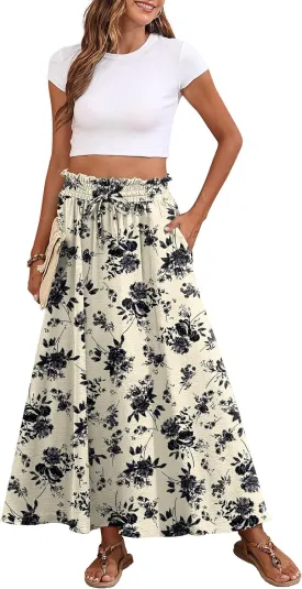 Askyes Womens Maxi Skirt Summer Tie Knot Elastic High Waisted Boho Casual Beach Flowy Swing Long Skirts with Pockets