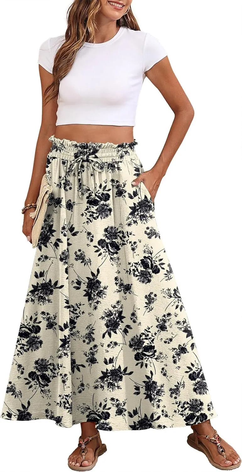 Askyes Womens Maxi Skirt Summer Tie Knot Elastic High Waisted Boho Casual Beach Flowy Swing Long Skirts with Pockets