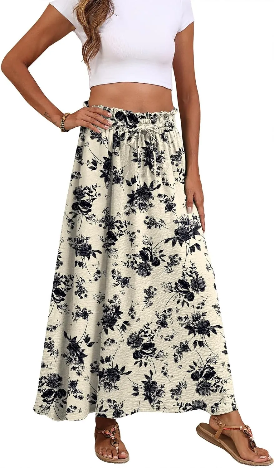 Askyes Womens Maxi Skirt Summer Tie Knot Elastic High Waisted Boho Casual Beach Flowy Swing Long Skirts with Pockets