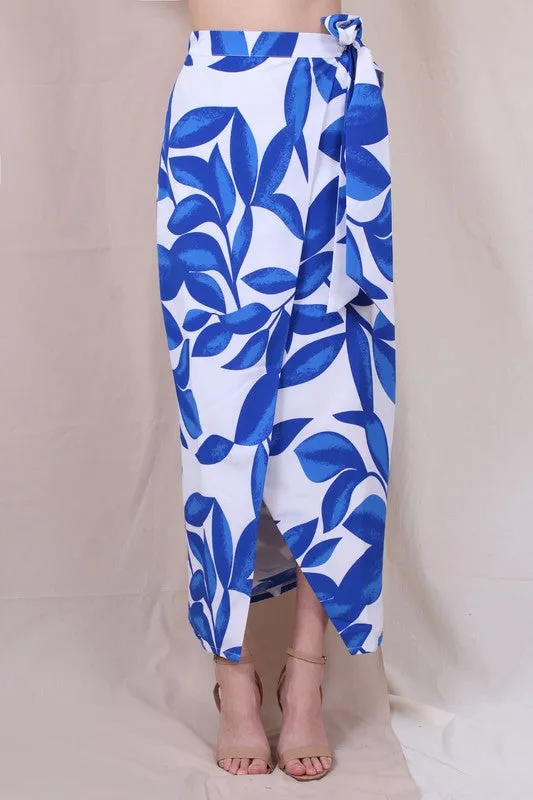 BEACH RESORT LEAF PRINT WRAP MAXI SKIRT