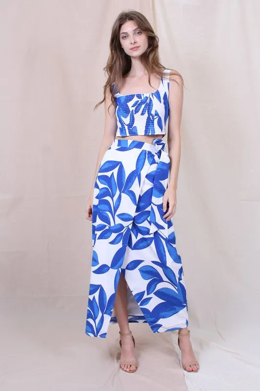 BEACH RESORT LEAF PRINT WRAP MAXI SKIRT