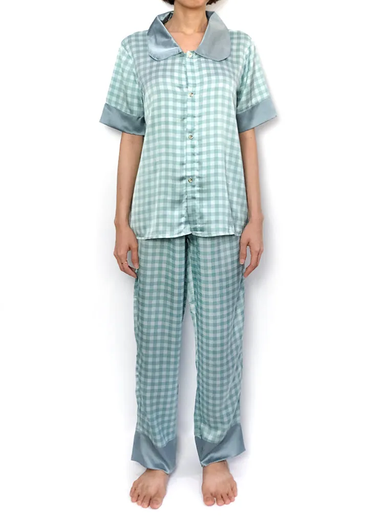Blue Peter Pan Collar Grid Pajama Set