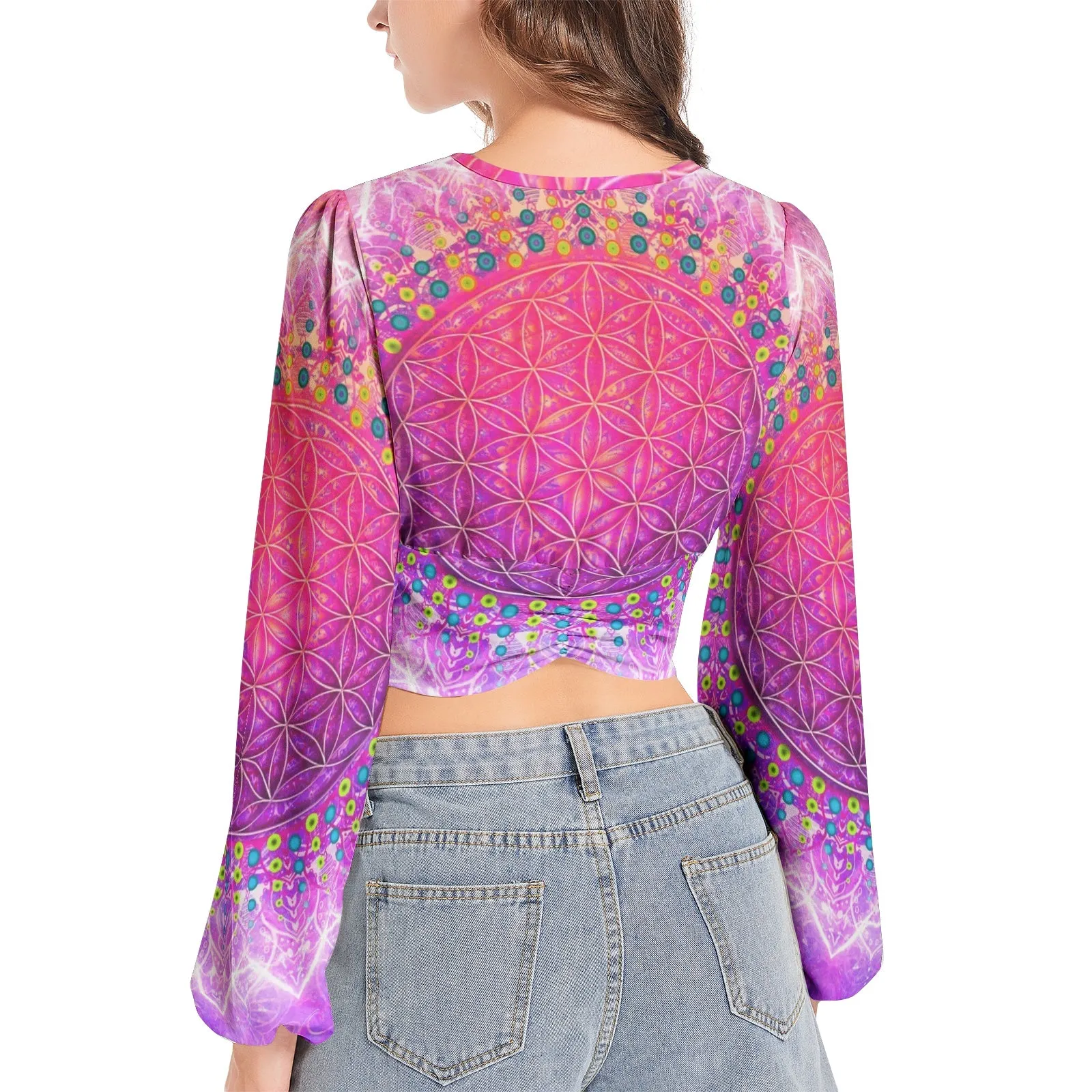 Cameron Gray | Flower of Life | Women's Deep V-Neck Lantern Sleeve Crop Top