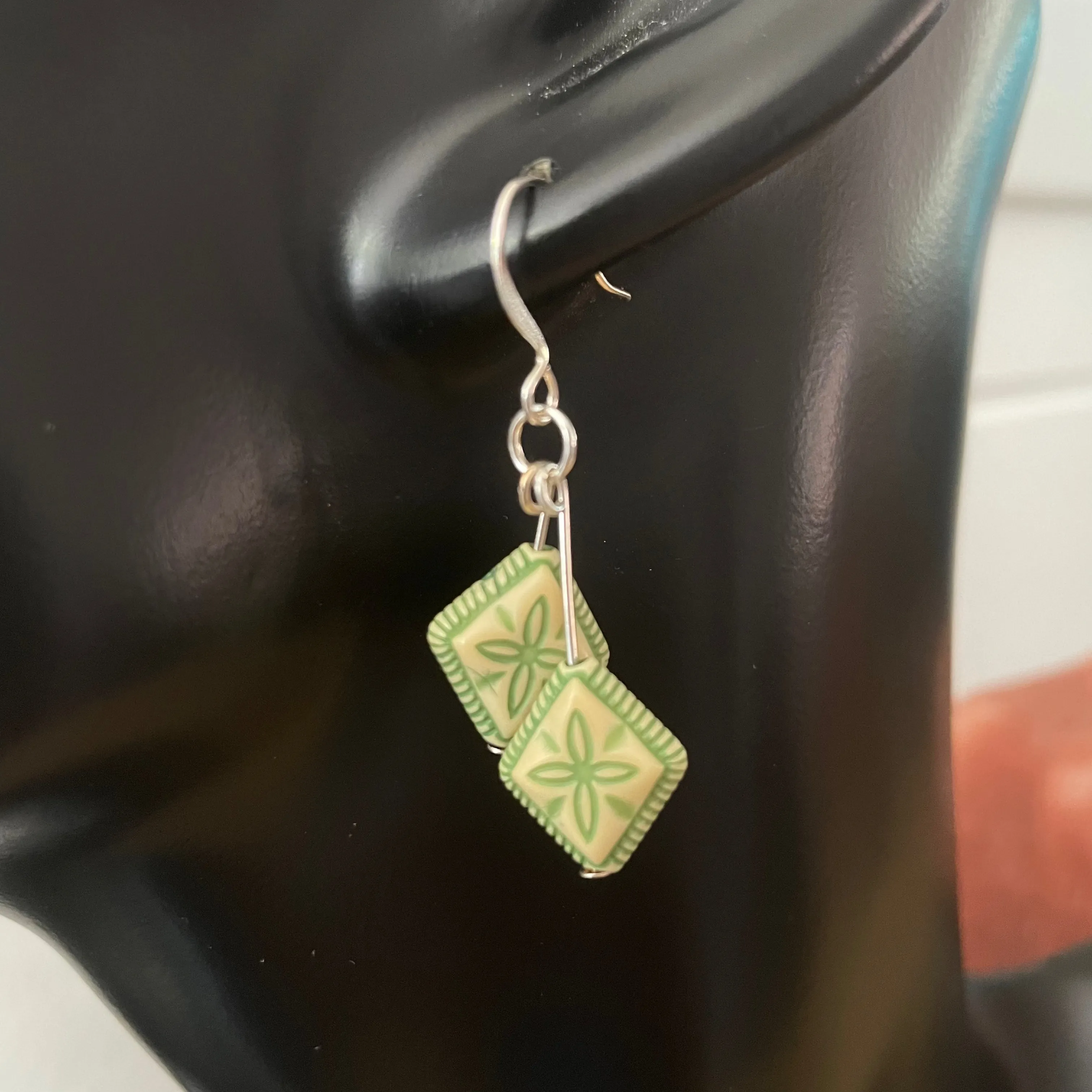 Cream & Green Acrylic Earrings 1.5" Floral Cream & Green Lightweight Double Flower
