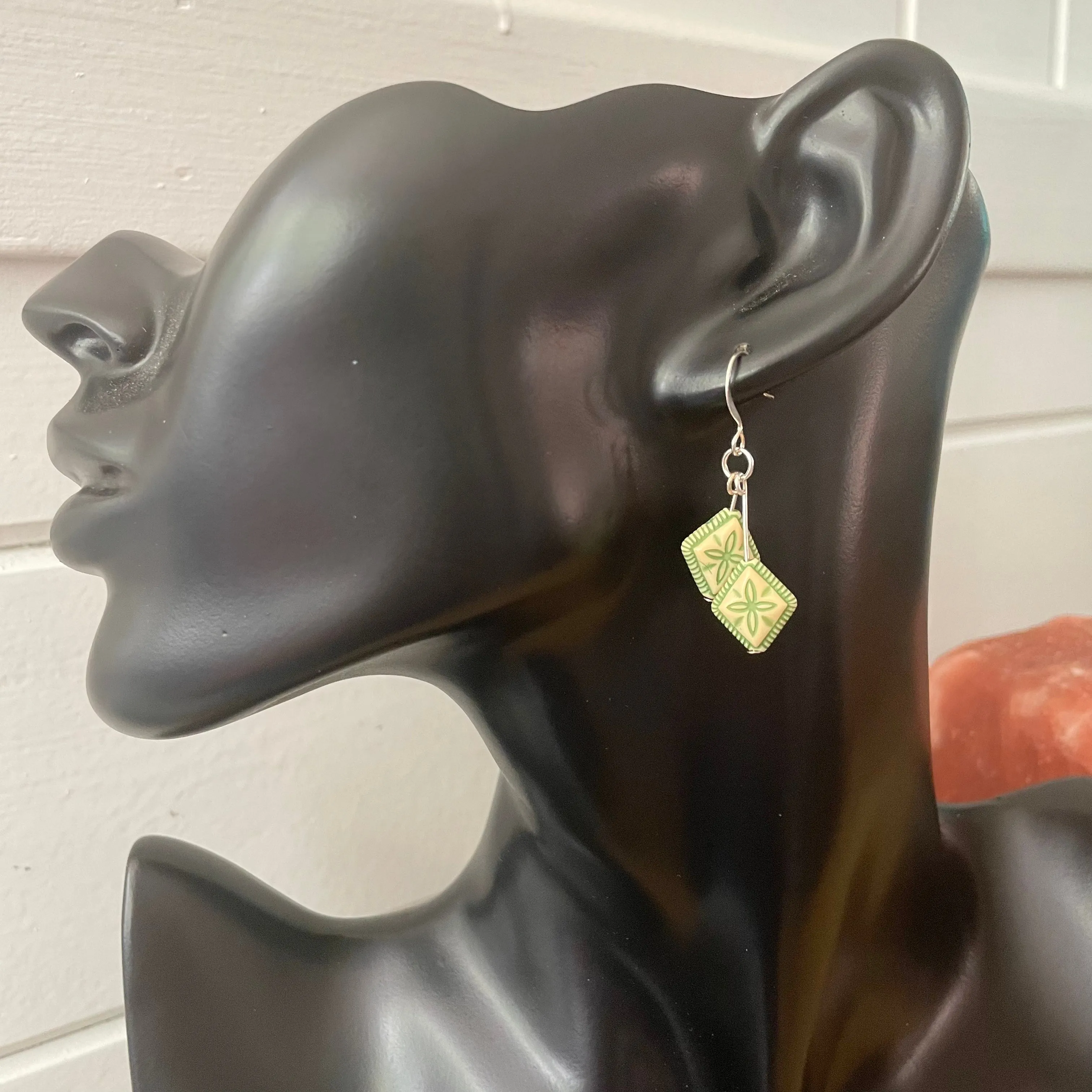Cream & Green Acrylic Earrings 1.5" Floral Cream & Green Lightweight Double Flower
