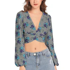 Floral Waves Women's Deep V-Neck Lantern Sleeve Crop Top