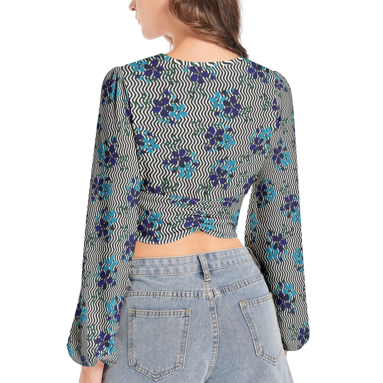 Floral Waves Women's Deep V-Neck Lantern Sleeve Crop Top