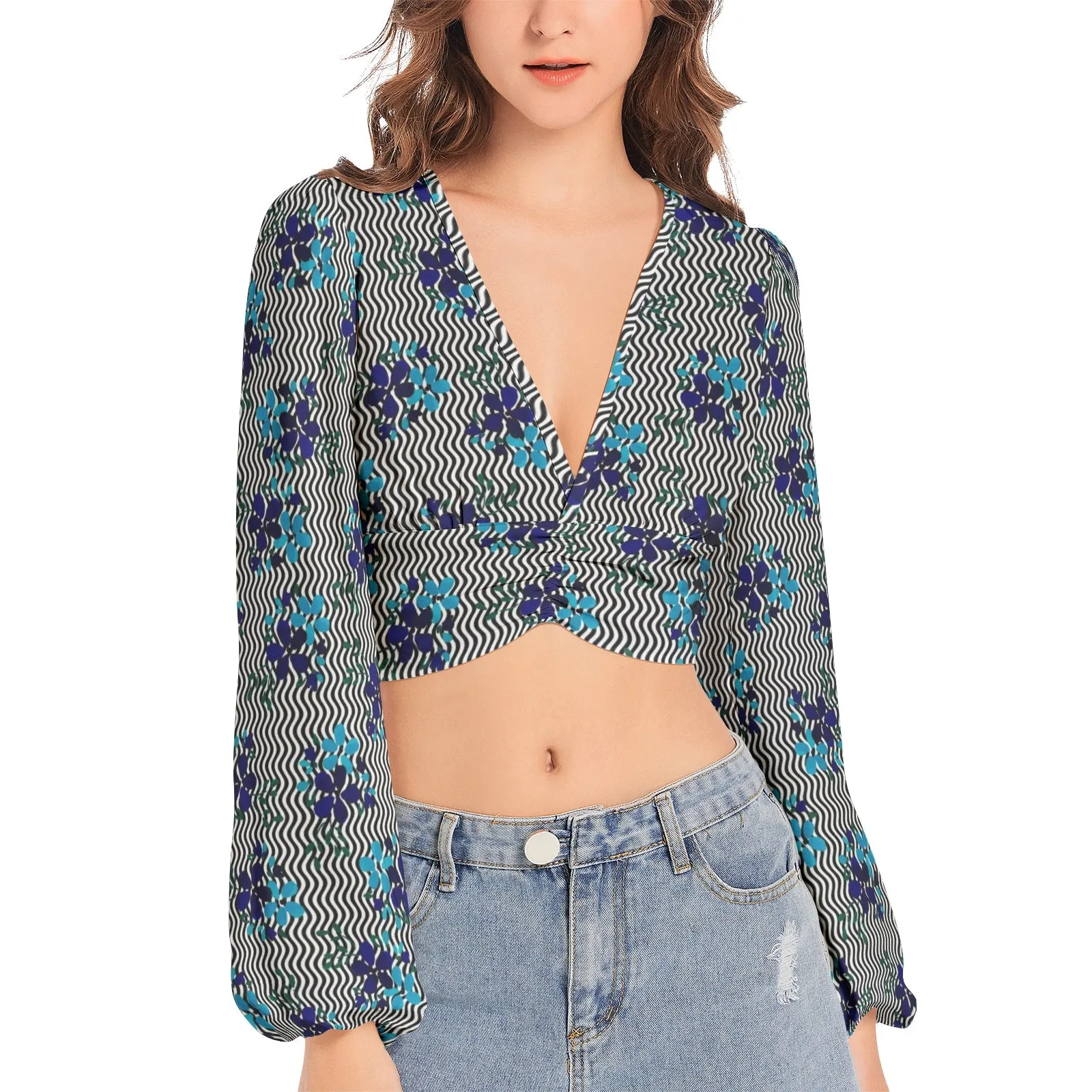 Floral Waves Women's Deep V-Neck Lantern Sleeve Crop Top