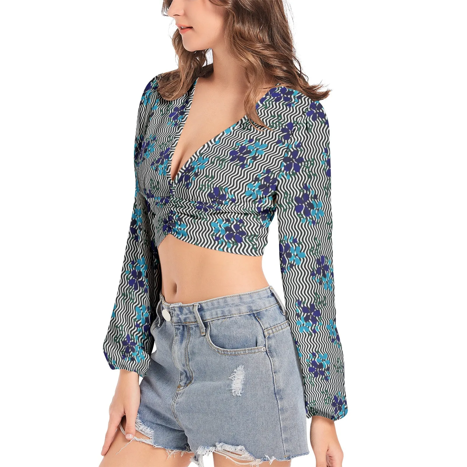 Floral Waves Women's Deep V-Neck Lantern Sleeve Crop Top