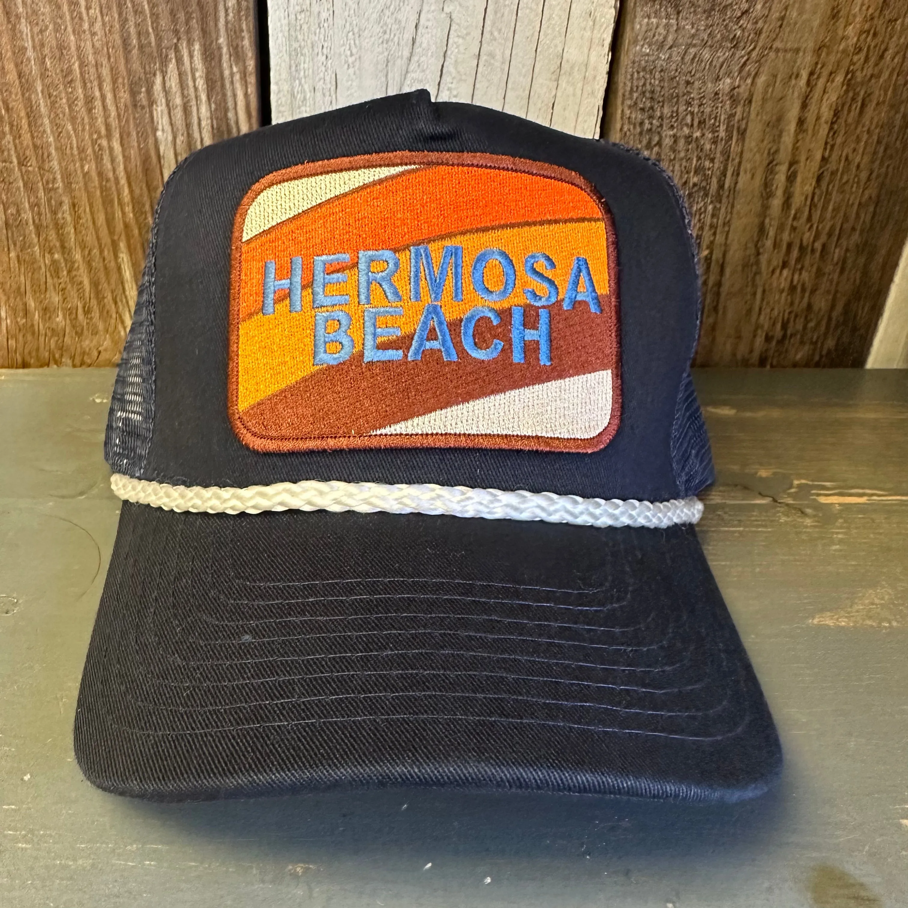 Hermosa Beach GOLF CARTS & YOGA PANTS 5 panel Rope Trucker Cap - Navy/White Braid (Curved Brim)