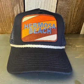 Hermosa Beach GOLF CARTS & YOGA PANTS 5 panel Rope Trucker Cap - Navy/White Braid (Curved Brim)