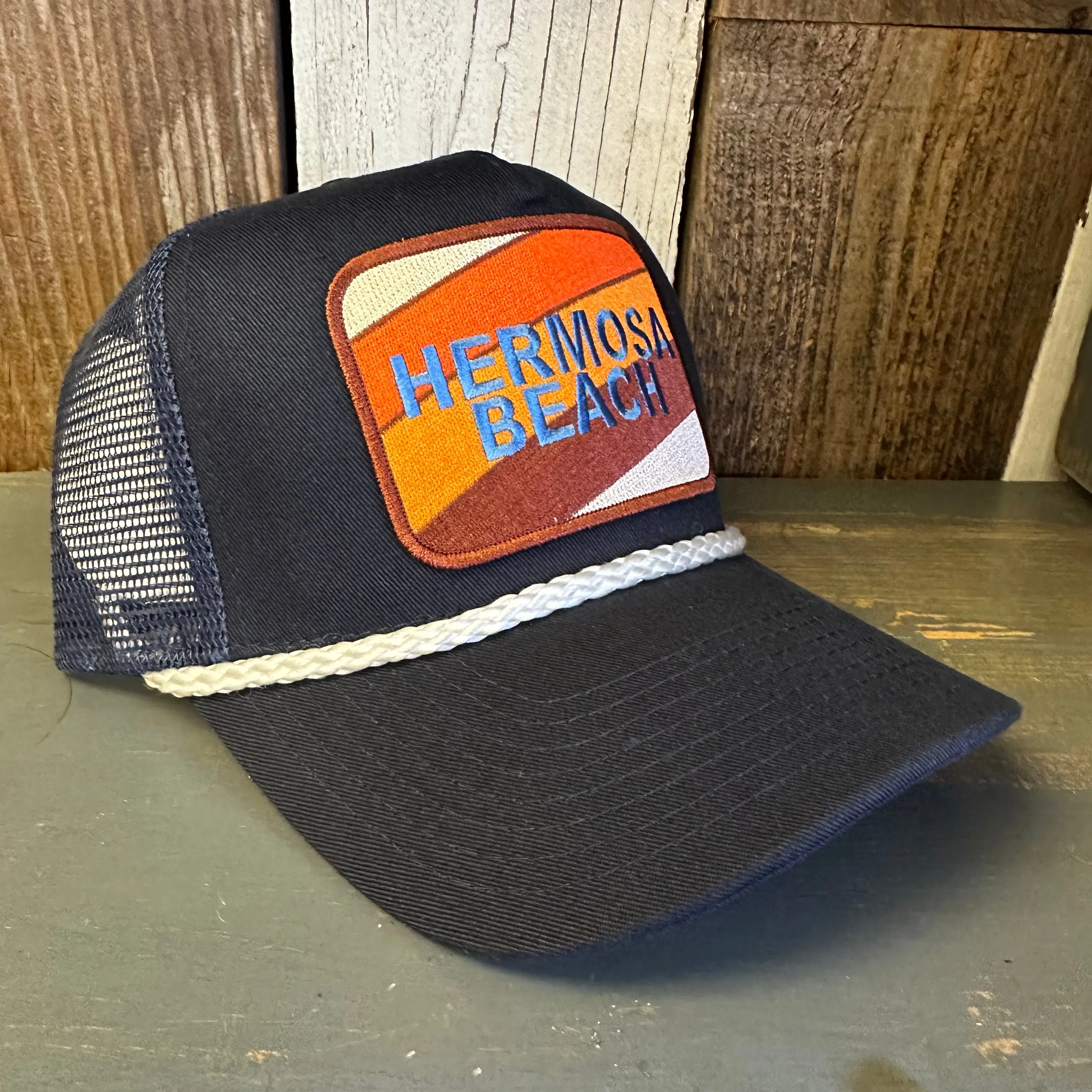 Hermosa Beach GOLF CARTS & YOGA PANTS 5 panel Rope Trucker Cap - Navy/White Braid (Curved Brim)