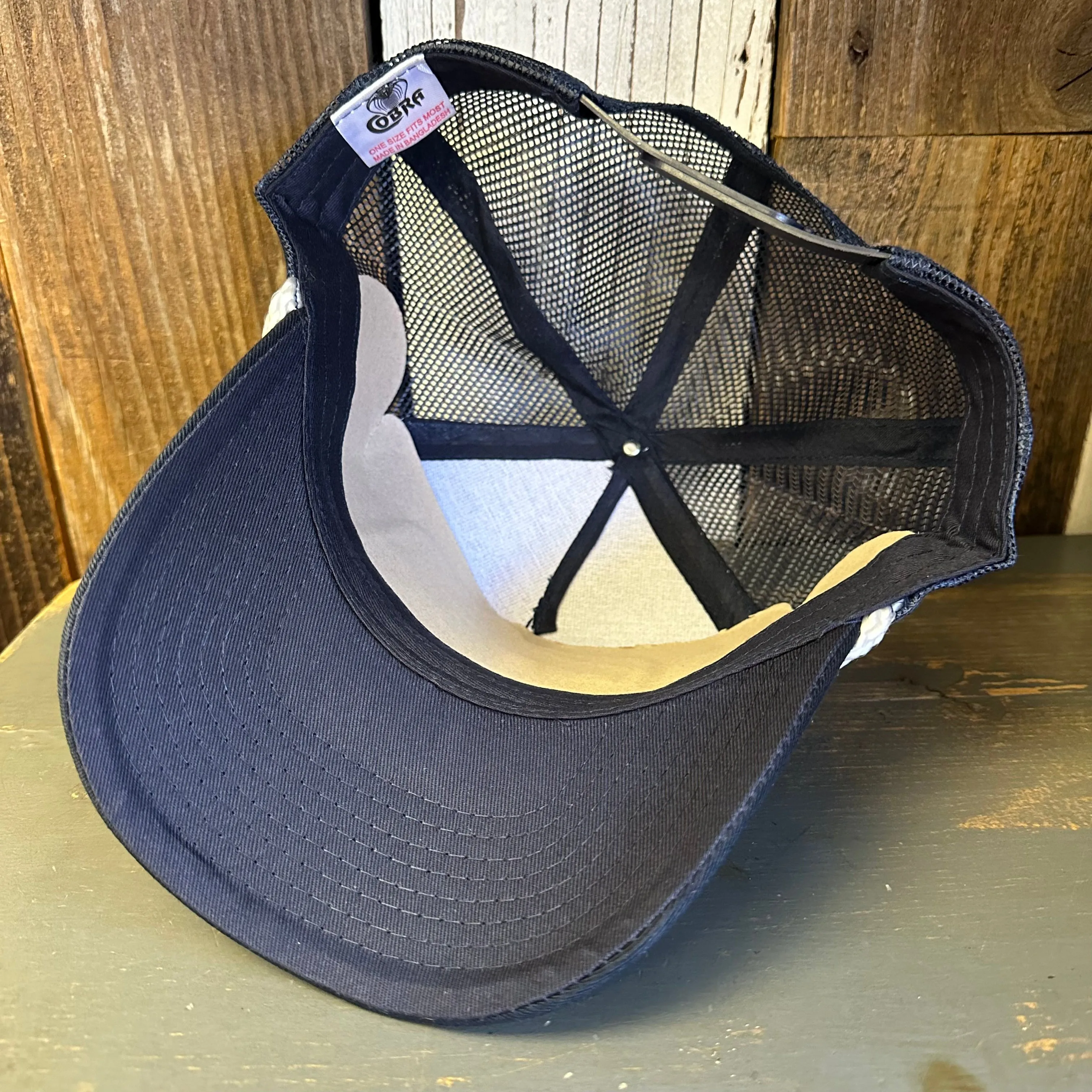 Hermosa Beach GOLF CARTS & YOGA PANTS 5 panel Rope Trucker Cap - Navy/White Braid (Curved Brim)