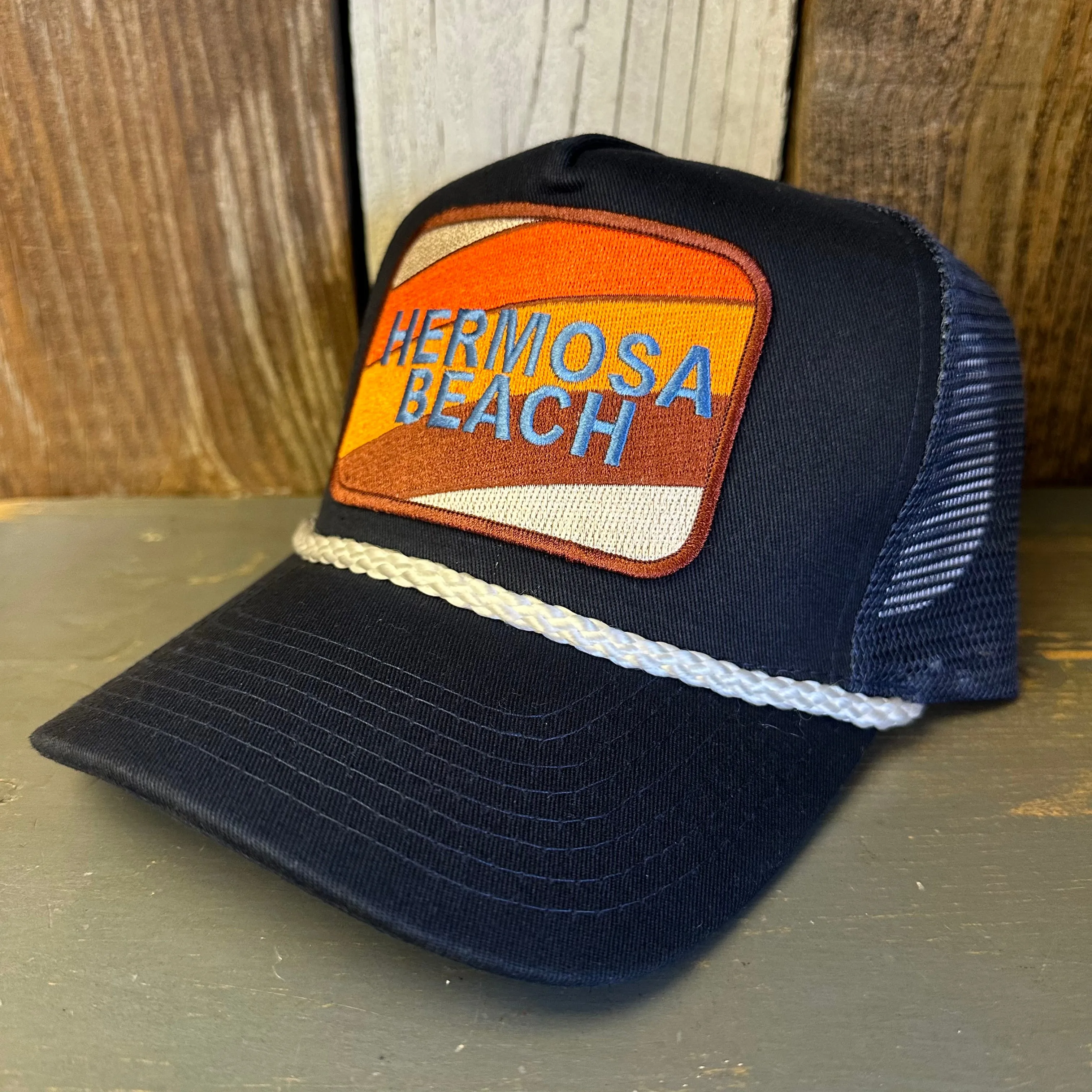 Hermosa Beach GOLF CARTS & YOGA PANTS 5 panel Rope Trucker Cap - Navy/White Braid (Curved Brim)
