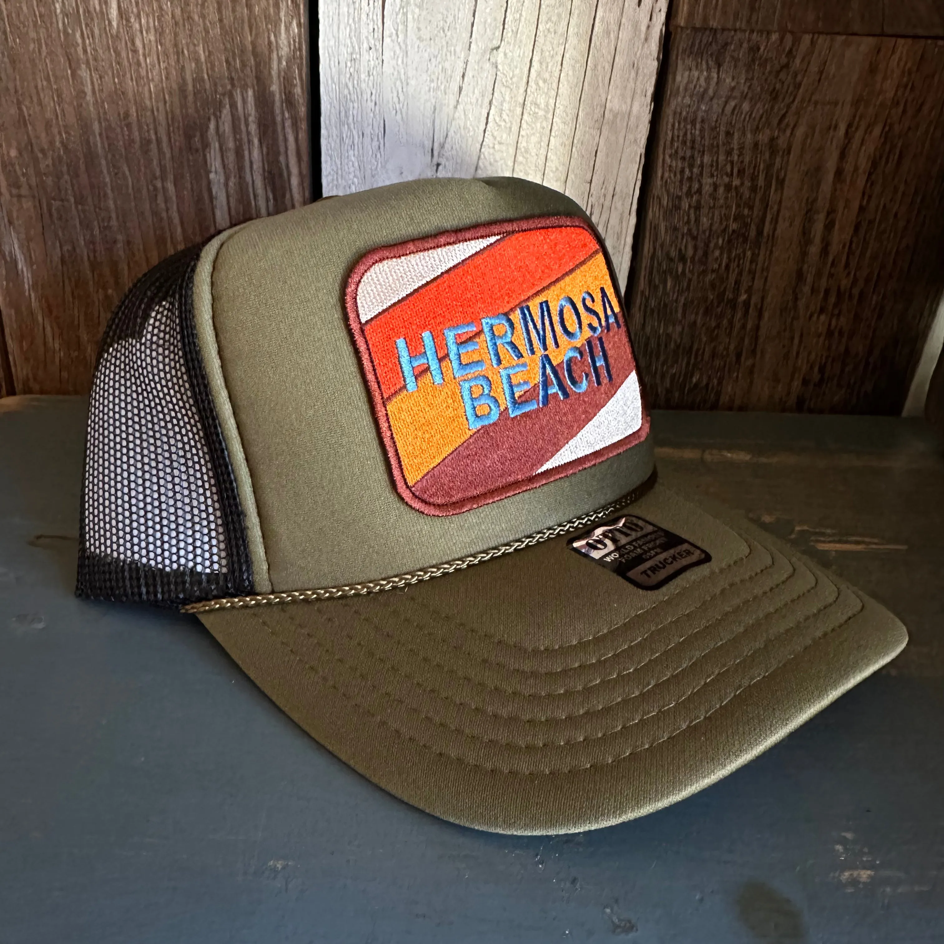 Hermosa Beach GOLF CARTS & YOGA PANTS High Crown Trucker Hat - Olive/Black (Curved Brim)