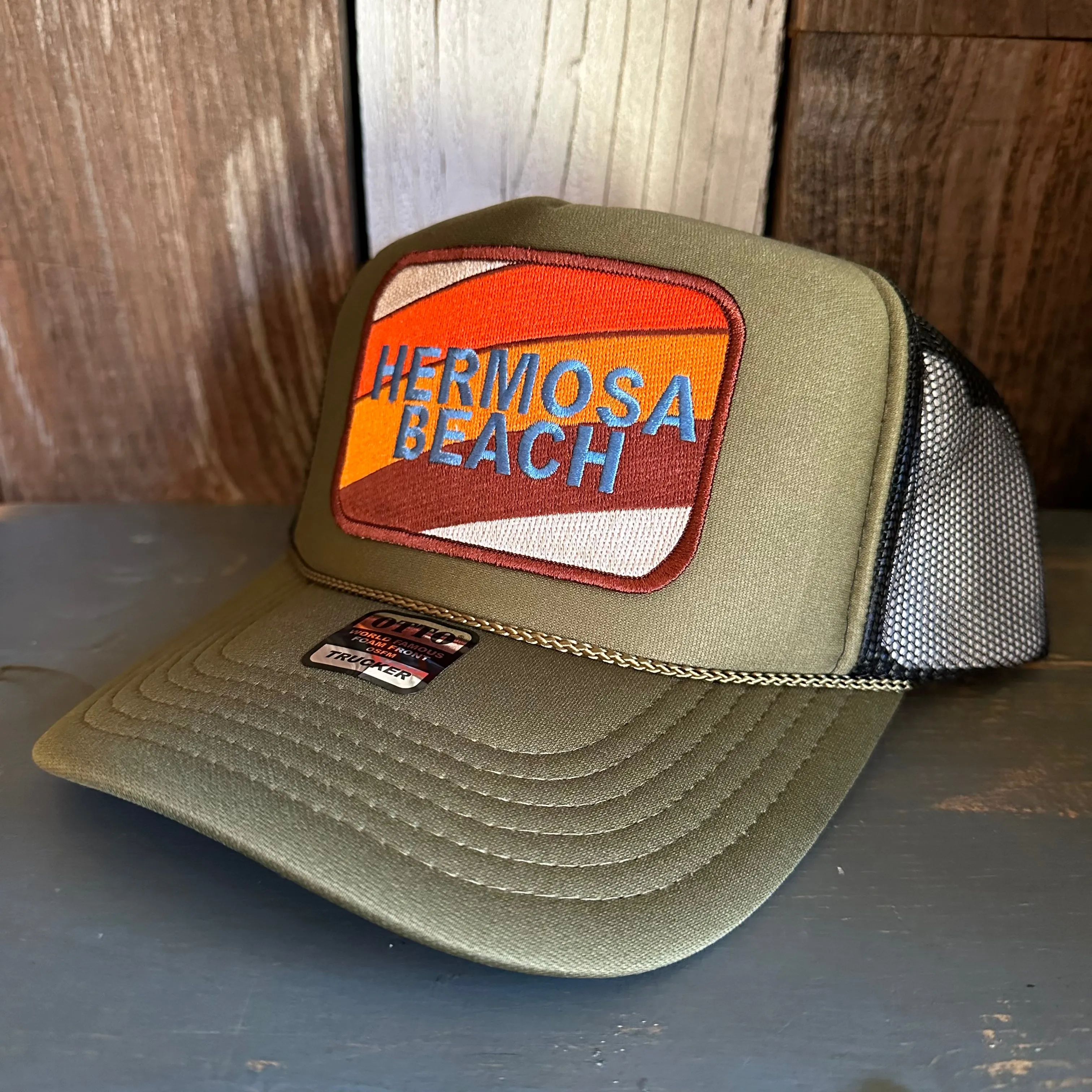 Hermosa Beach GOLF CARTS & YOGA PANTS High Crown Trucker Hat - Olive/Black (Curved Brim)