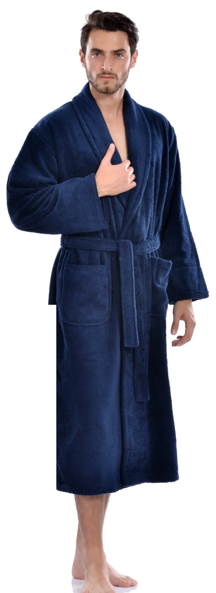 Hiera Home 100% Premium Turkish Cotton Men's Terry Bathrobe, Navy, OSFM