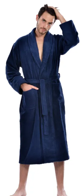 Hiera Home 100% Premium Turkish Cotton Men's Terry Bathrobe, Navy, OSFM