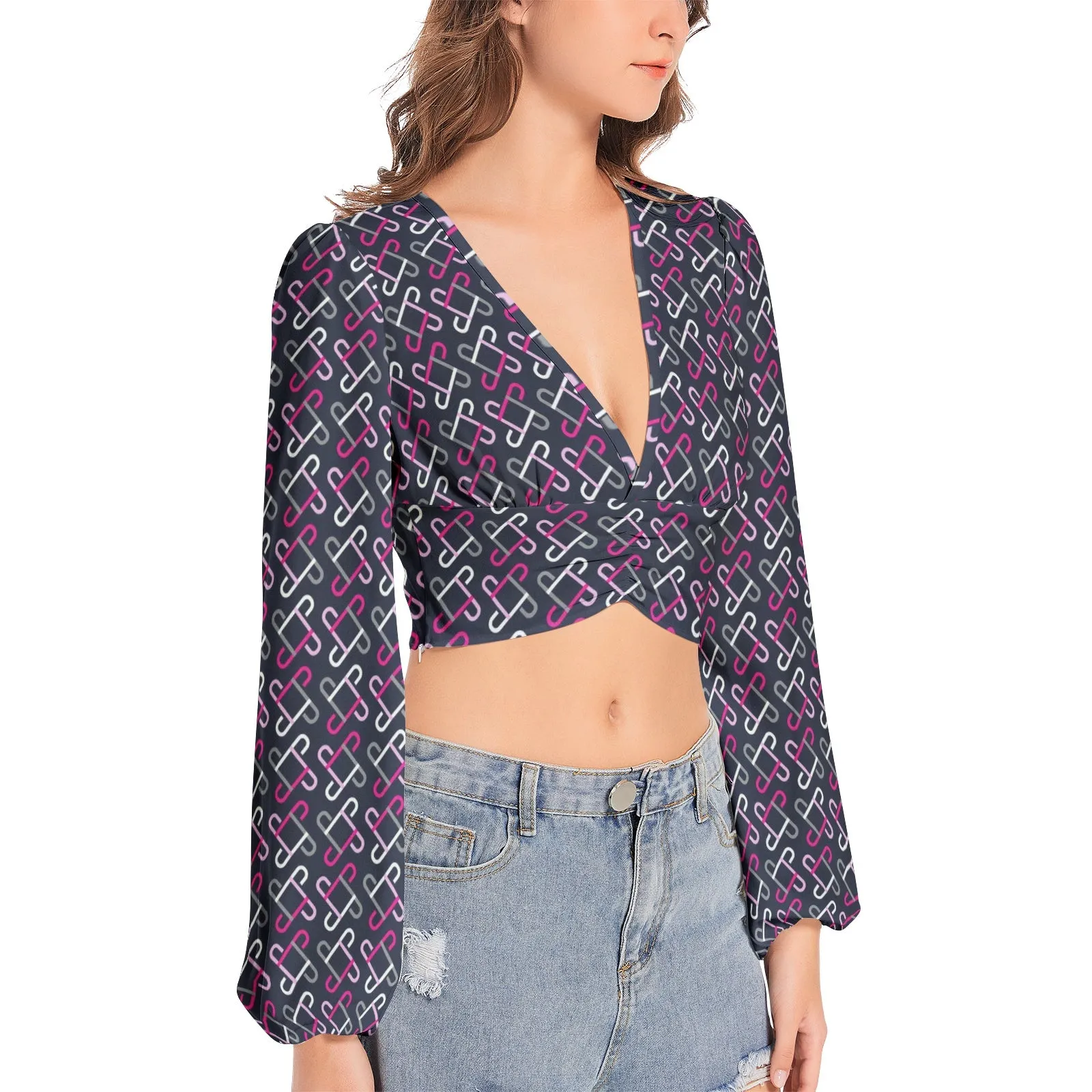 Koliada Women's Deep V-Neck Lantern Sleeve Crop Top