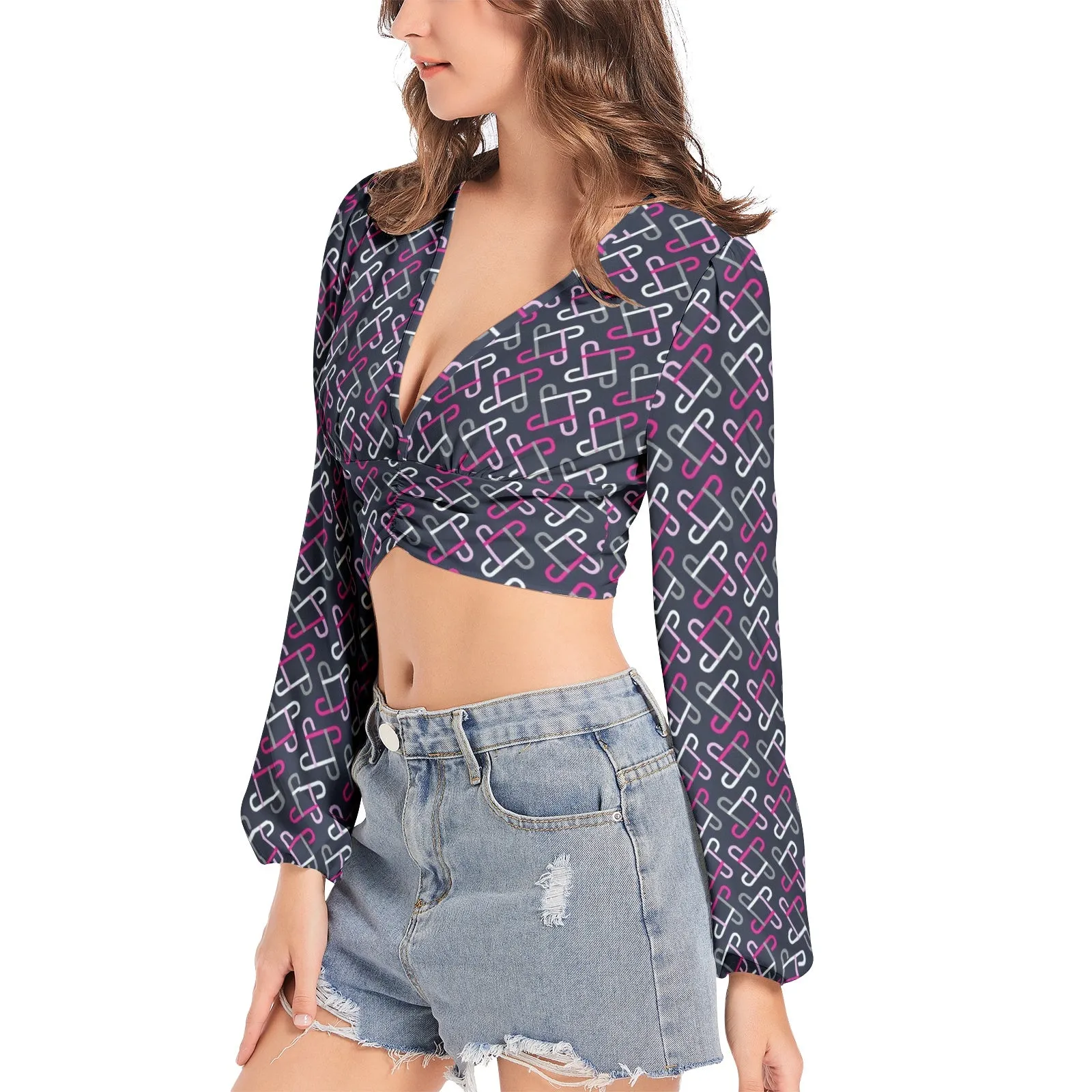Koliada Women's Deep V-Neck Lantern Sleeve Crop Top