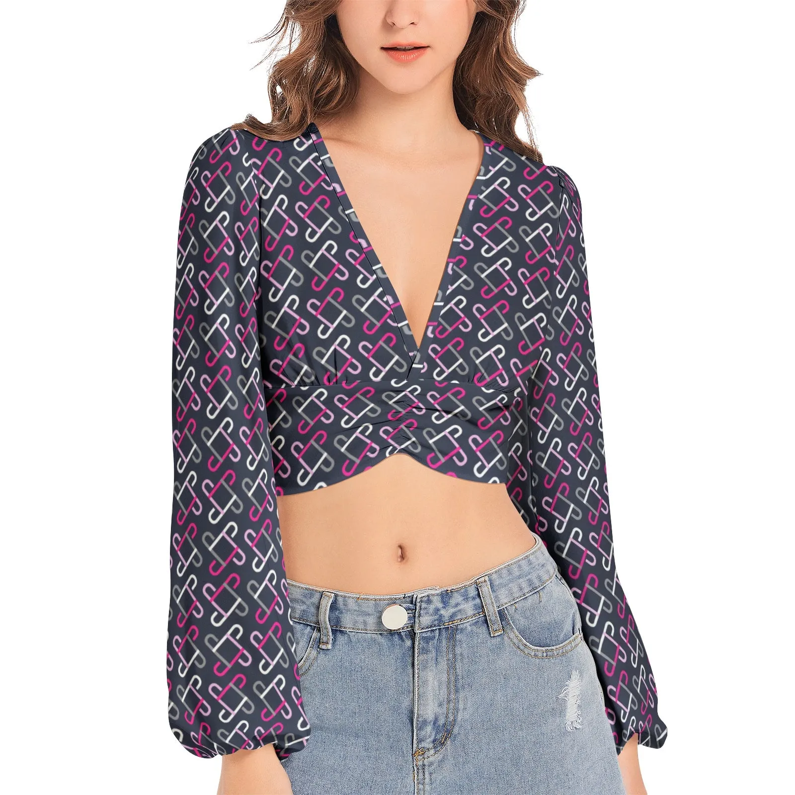 Koliada Women's Deep V-Neck Lantern Sleeve Crop Top