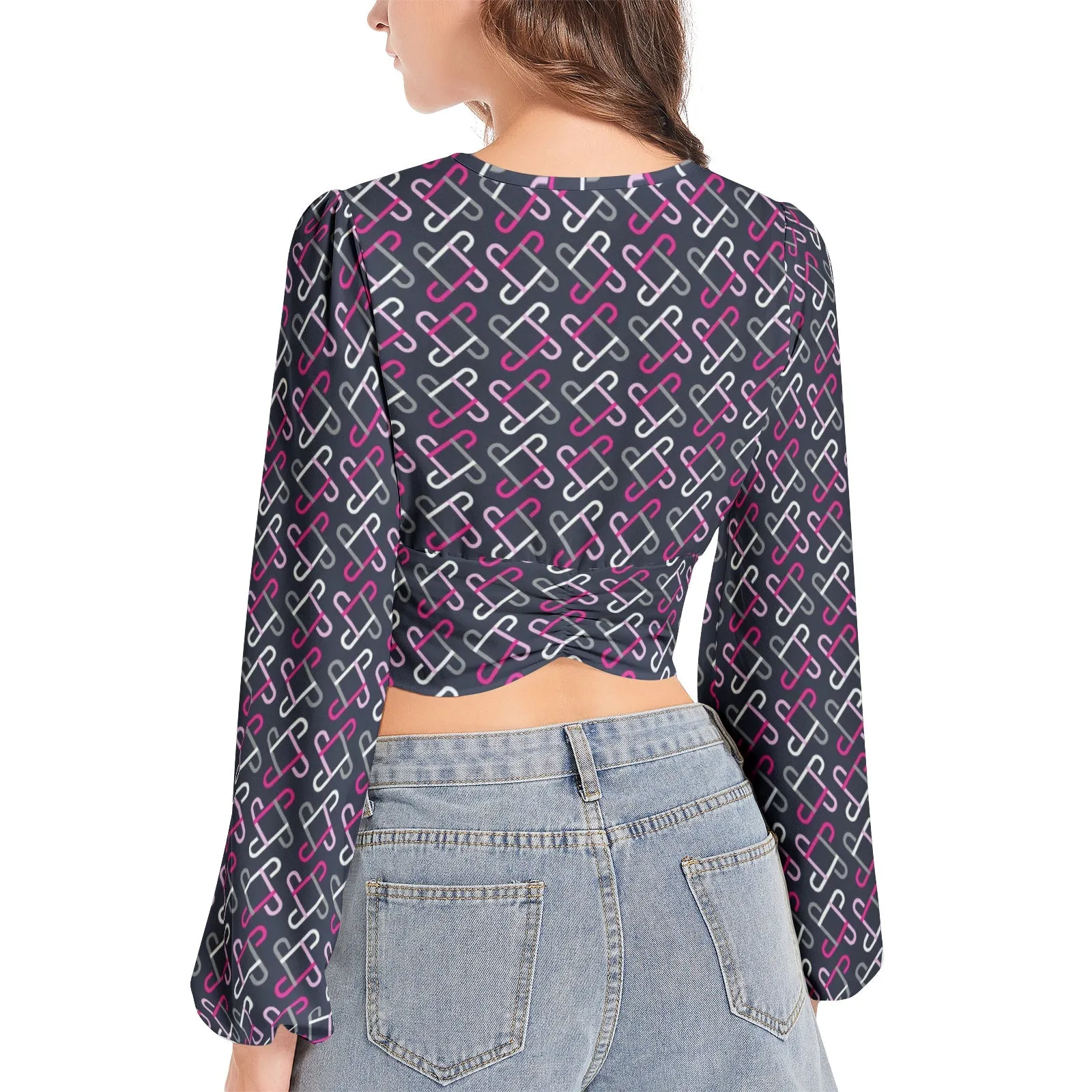 Koliada Women's Deep V-Neck Lantern Sleeve Crop Top