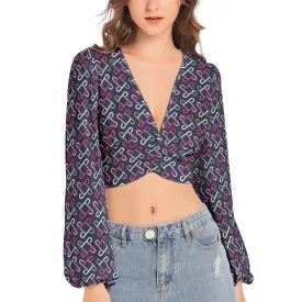 Koliada Women's Deep V-Neck Lantern Sleeve Crop Top