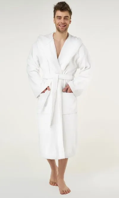 Mens Terry Turkish Bathrobe Cotton Towel Robe, Comfy Men's Robe Long Hooded