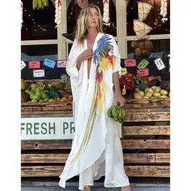New Bohemian Dress Chiffon Bikini Cover up Kaftan White Dress Kimono Beachwear Print Tunic for Beach Swimsuit Cover up