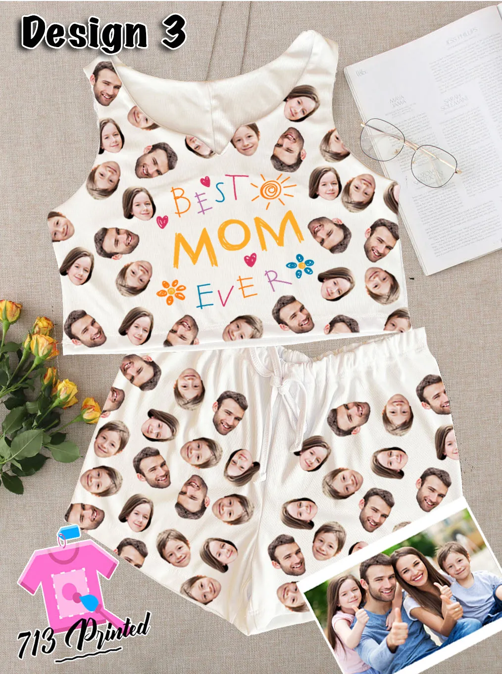 Pajama Custom Photo Mother's Day Gift Rib-knit Bow Front Cami Lounge Set