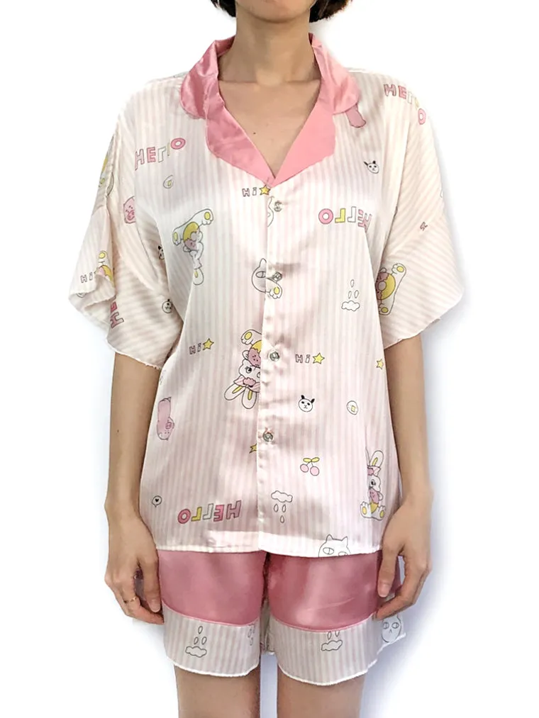 Short Batwing Sleeve Stripes Hares Pajama Set