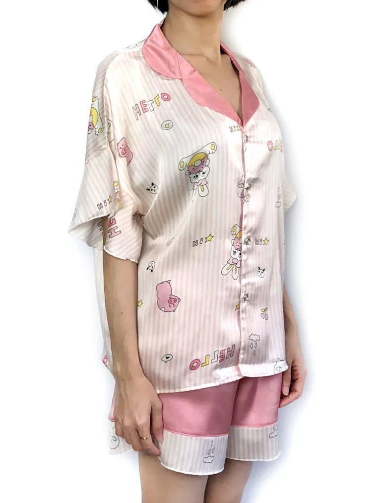 Short Batwing Sleeve Stripes Hares Pajama Set