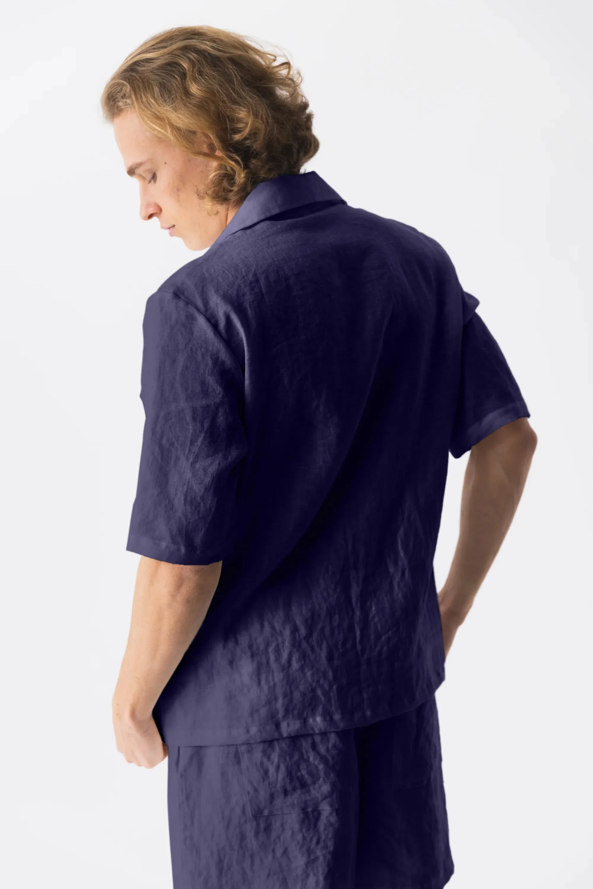 Short-sleeved linen pajamas jacket night blue - Emanuel