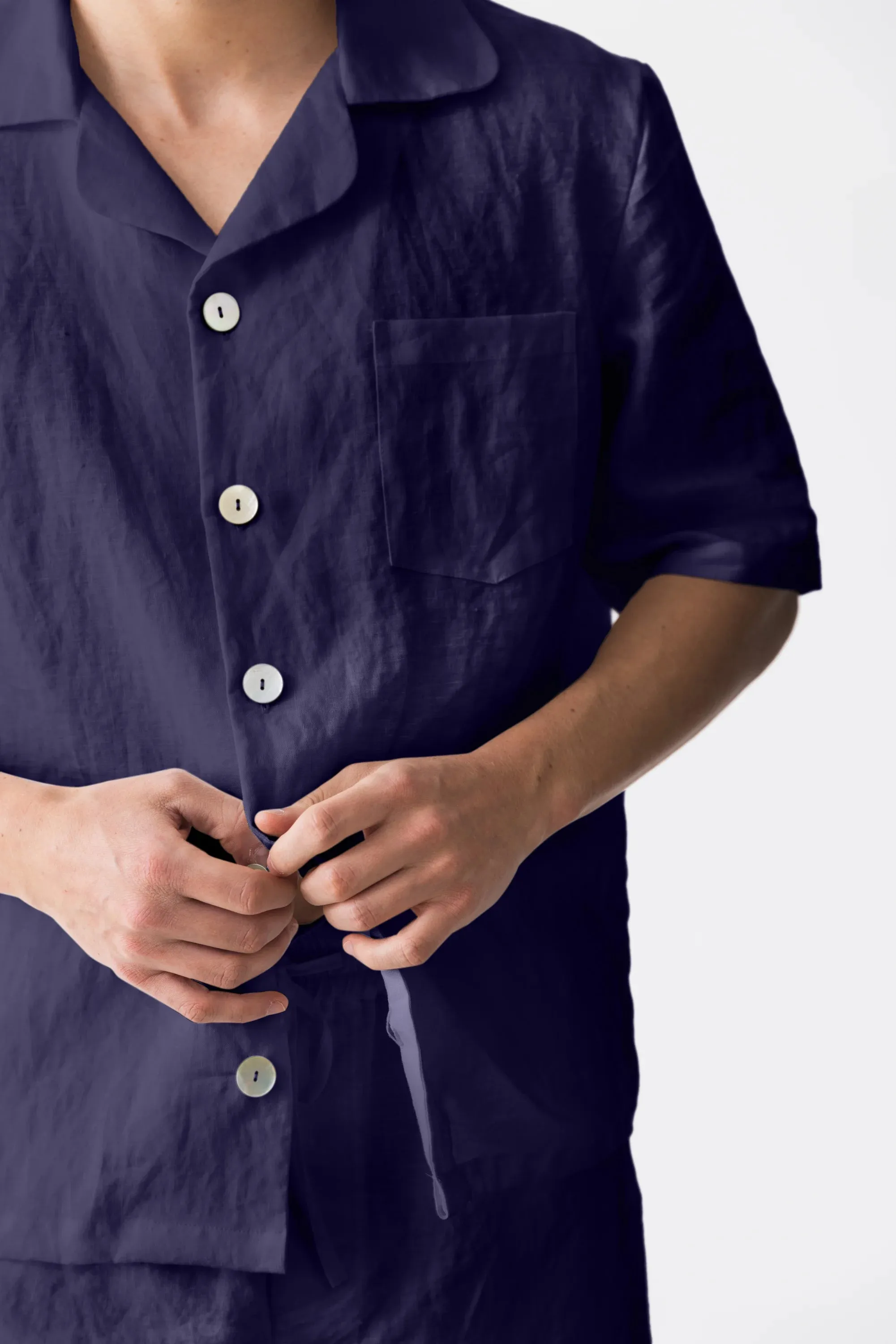 Short-sleeved linen pajamas jacket night blue - Emanuel