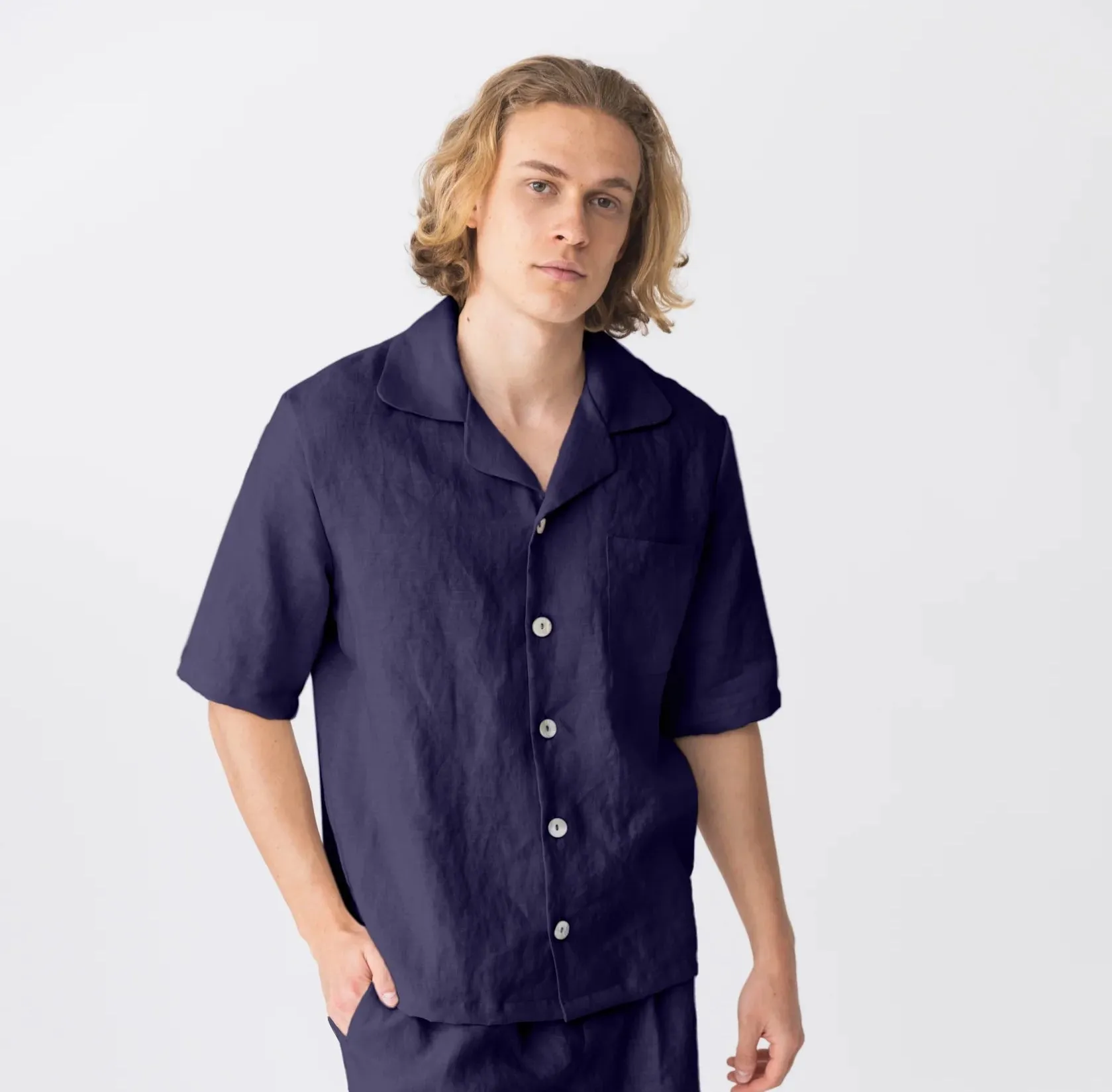 Short-sleeved linen pajamas jacket night blue - Emanuel
