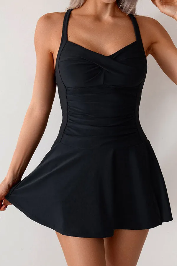 Square Neck Crisscross Side Split Ruched Tummy Control Swimdress Built-in Briefs