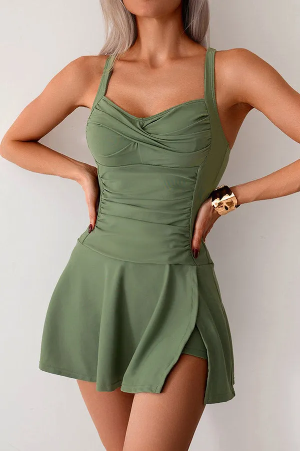 Square Neck Crisscross Side Split Ruched Tummy Control Swimdress Built-in Briefs