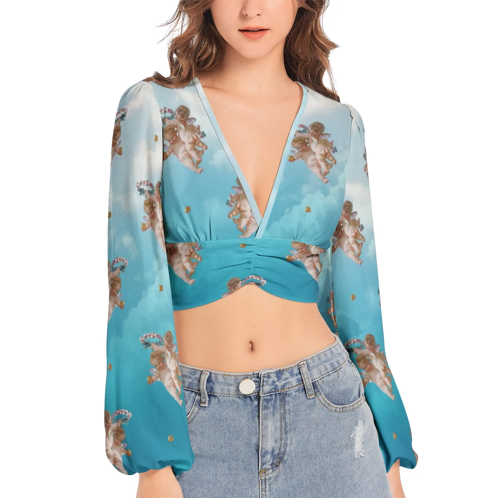 The Day Dream Women's Deep V-Neck Lantern Sleeve Crop Top