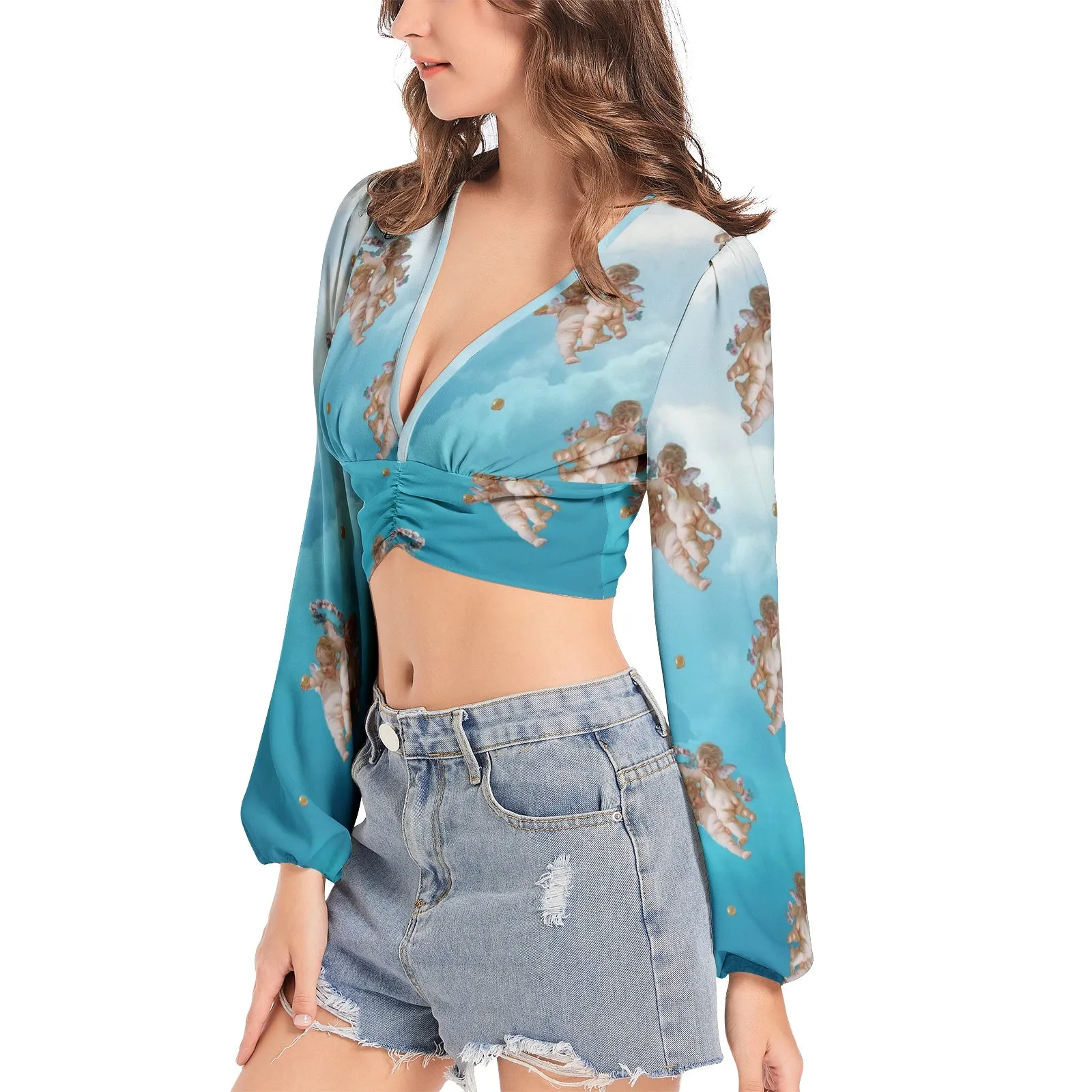 The Day Dream Women's Deep V-Neck Lantern Sleeve Crop Top