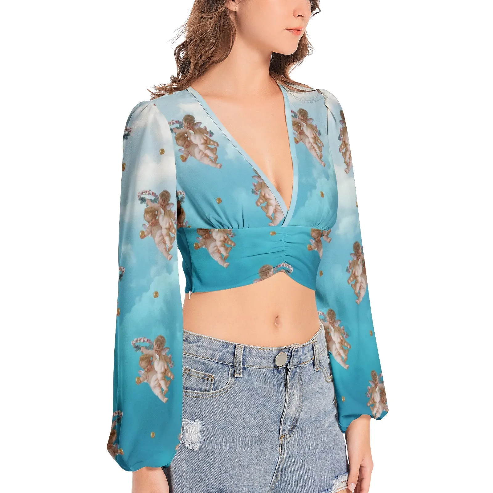 The Day Dream Women's Deep V-Neck Lantern Sleeve Crop Top