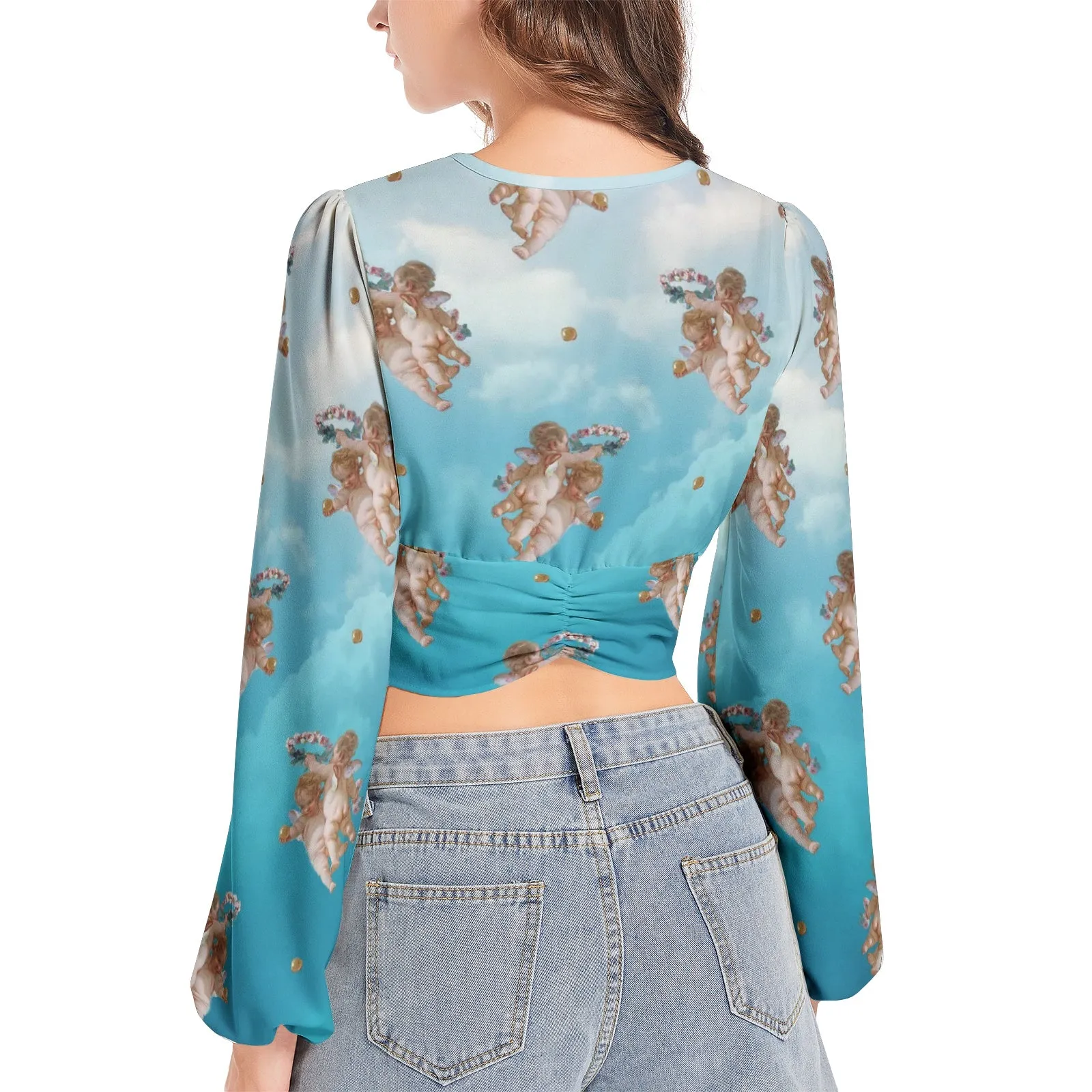 The Day Dream Women's Deep V-Neck Lantern Sleeve Crop Top