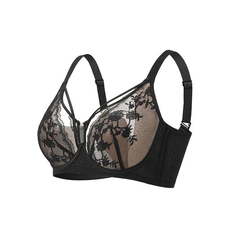 Thin 3D Three-dimensional Air Hollow Lace Large Capacity Big Chest Small Soft Steel Ring Bra Sexy Underwear Women