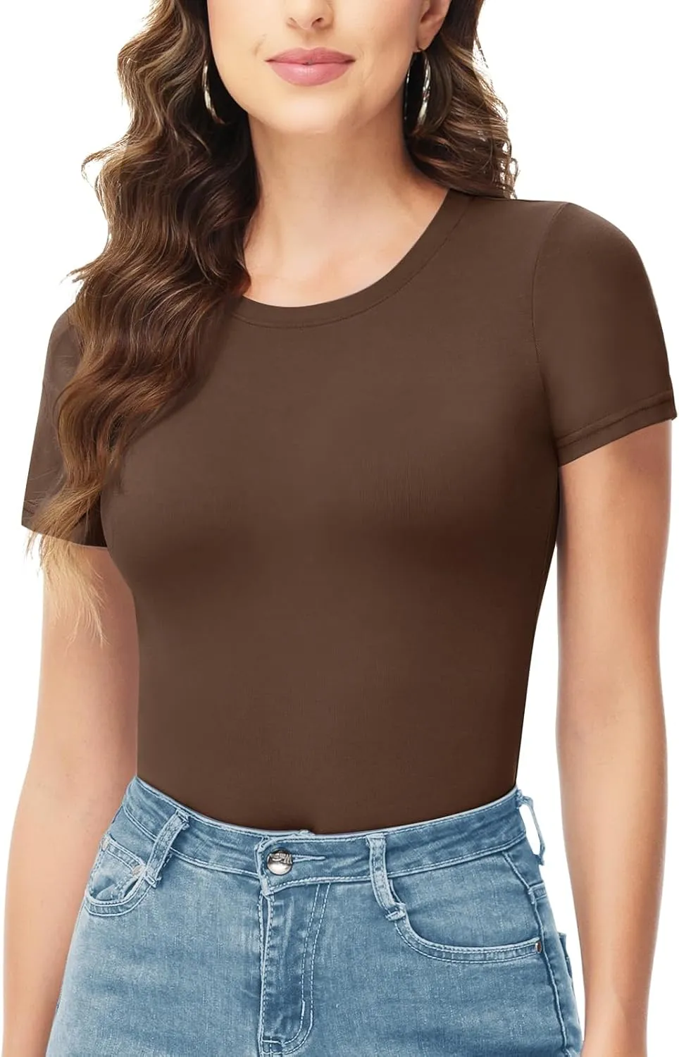 TNNZEET Bodysuits for Women - Black Bodysuit Women Tops Round Neck T Shirts for Women Fashion Body Suit Going Out Tops